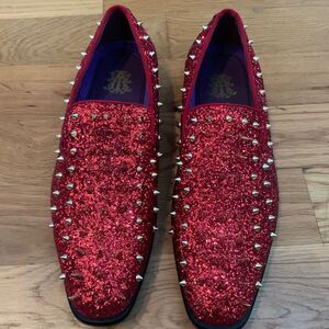 Men's Slip On Red Spike Loafer Rivet Studded Flat Casual Bling Bling Shoes Sz 10